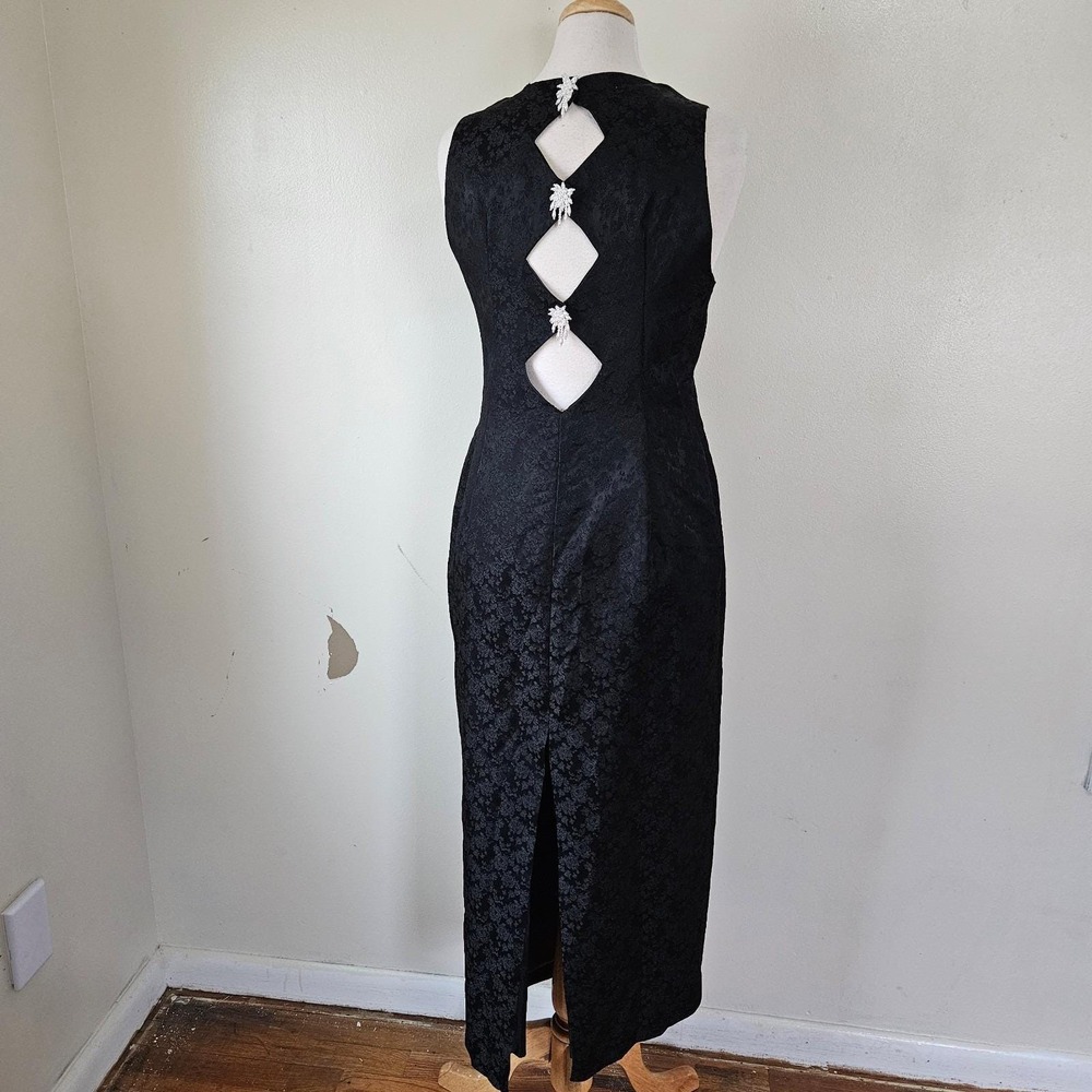 Vintage 90s Black Floral Brocade Evening Cocktail Dress Gown Back Cutouts M - Picture 5 of 7